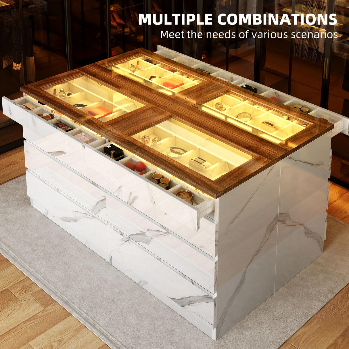 DWVO 8 Drawer Dresser with LED Light,White Marble Dresser, Modern 8 Chest of Drawers with Deep Drawers Glass Top High Gloss Surface, Storage Organizer Cabinet for Living Room, Bedroom DWVO