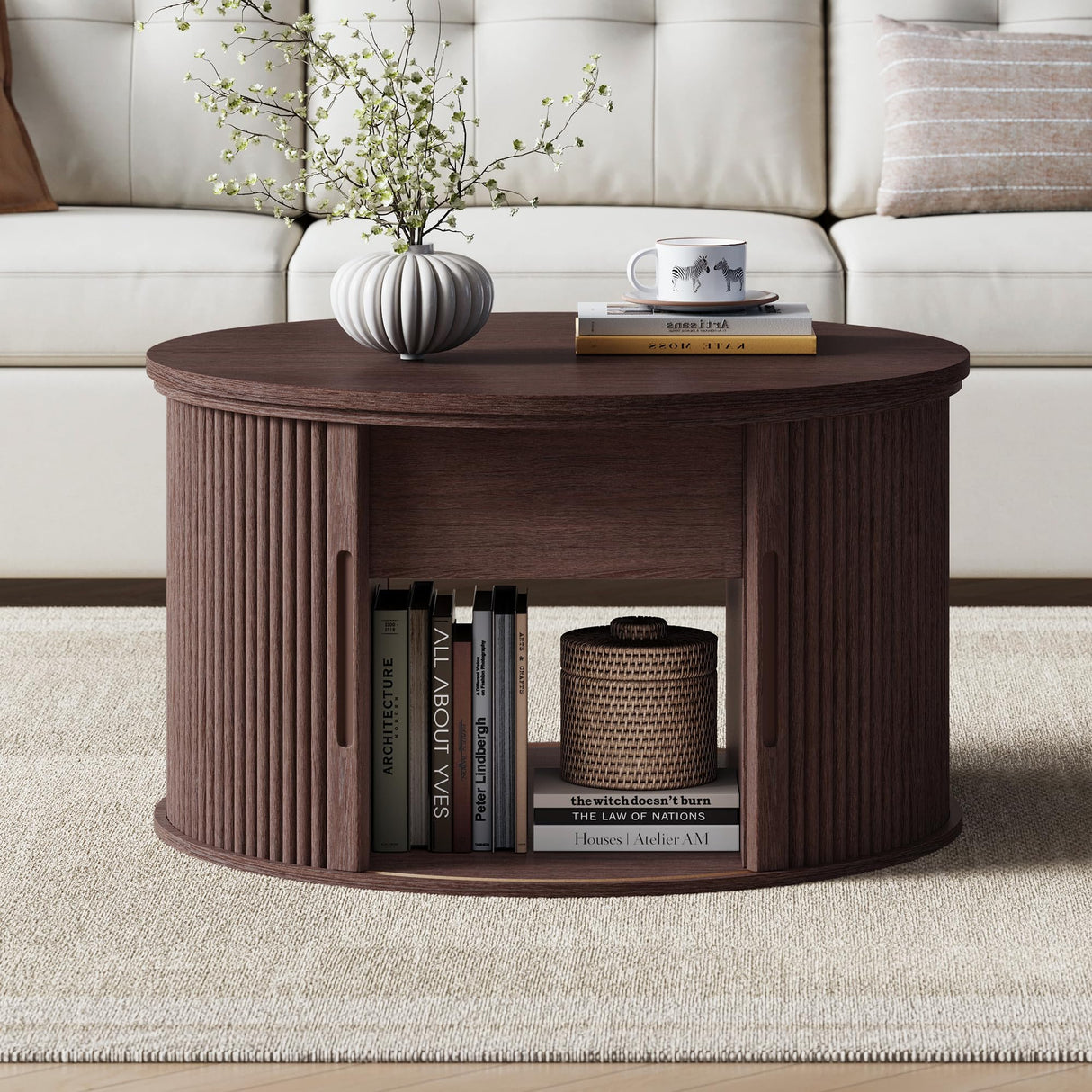 LINSY Lift Top Coffee Table, Round Fluted Coffee Table with Storage, Mid Century Modern Wooden Coffee Tables with Sliding Tambour Door, 31.5" Center Table for Living Room, Office, Small Space, Walnut LINSY