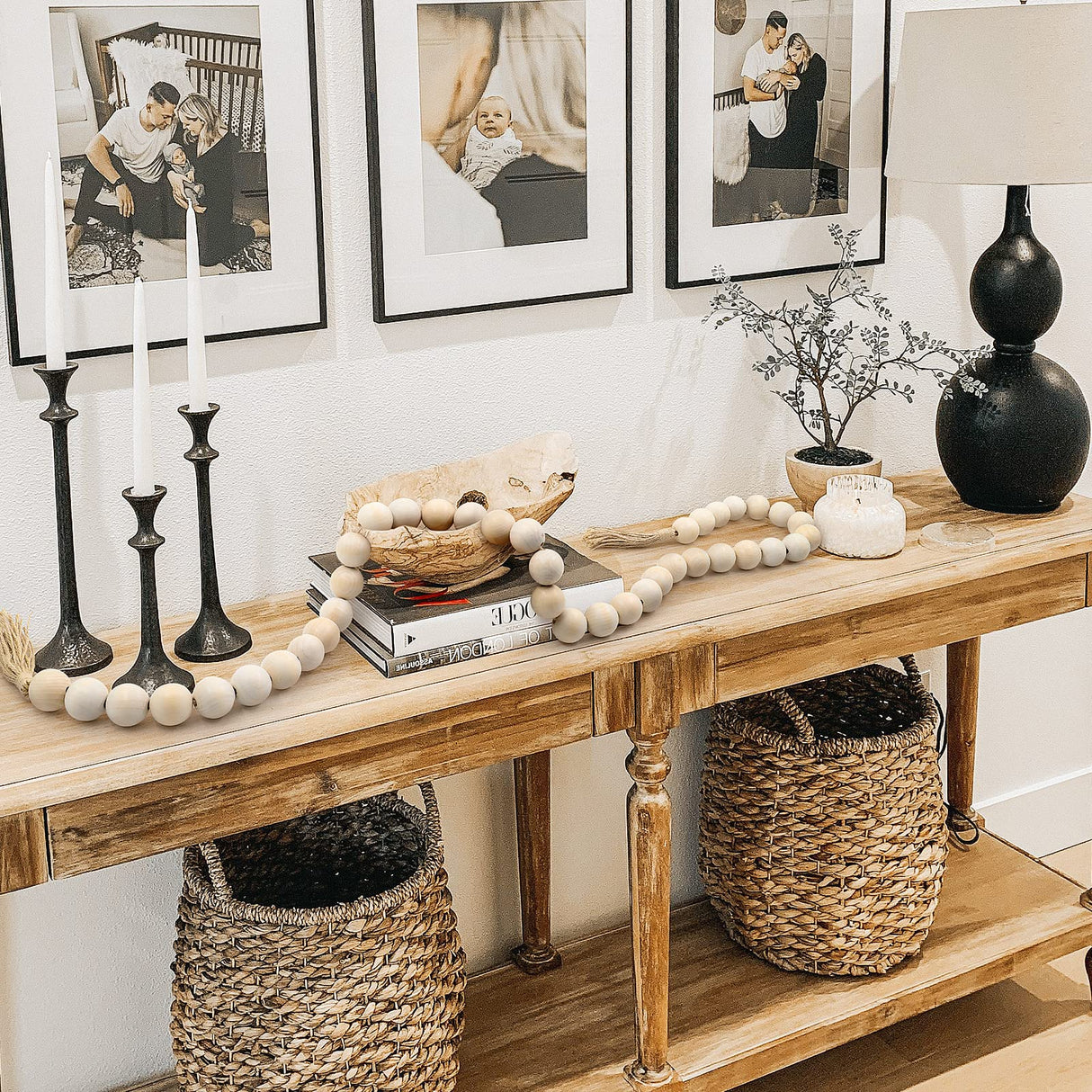 AceList 72in Large Wood Bead Garland Decorative Beads with Tassels, Long Wooden Beads Garland, Coffee Table Decor, Perfect Boho Farmhouse Bookshelf Mantel Tray Centerpiece Ornament (1.5" Diameter) AceList