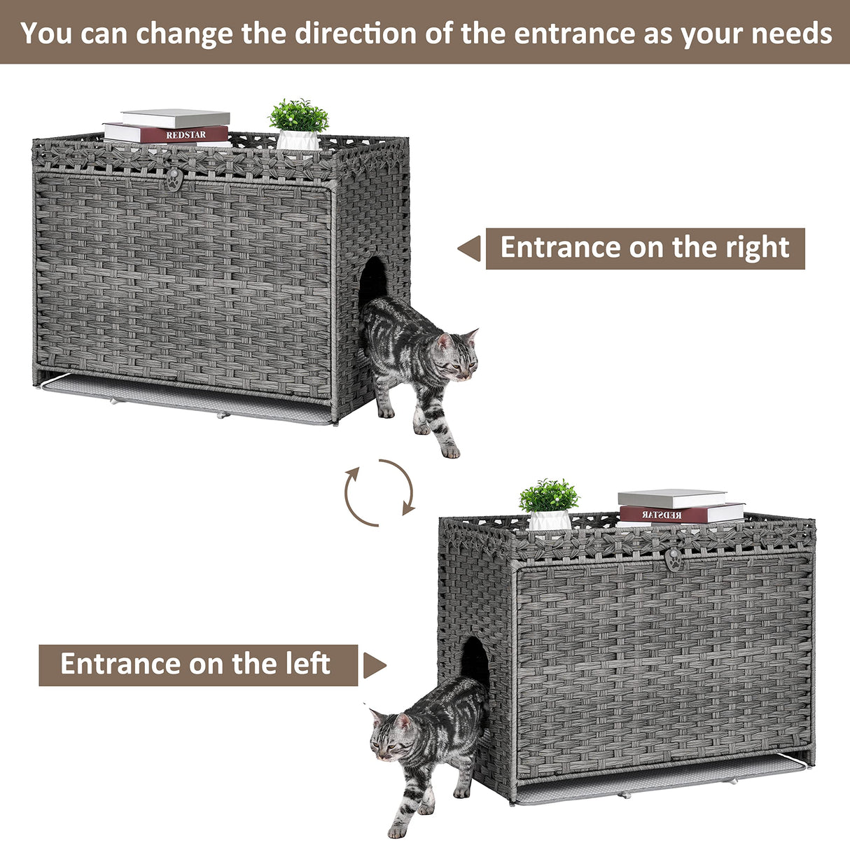 Cat Litter Box Enclosure with Soft Litter Mat; Hidden Washroom Furniture with Door; Handwoven Rattan Cat House with Large Space; Pet Crate for Living Room, Bedroom, Balcony (Grey) Honiakaka