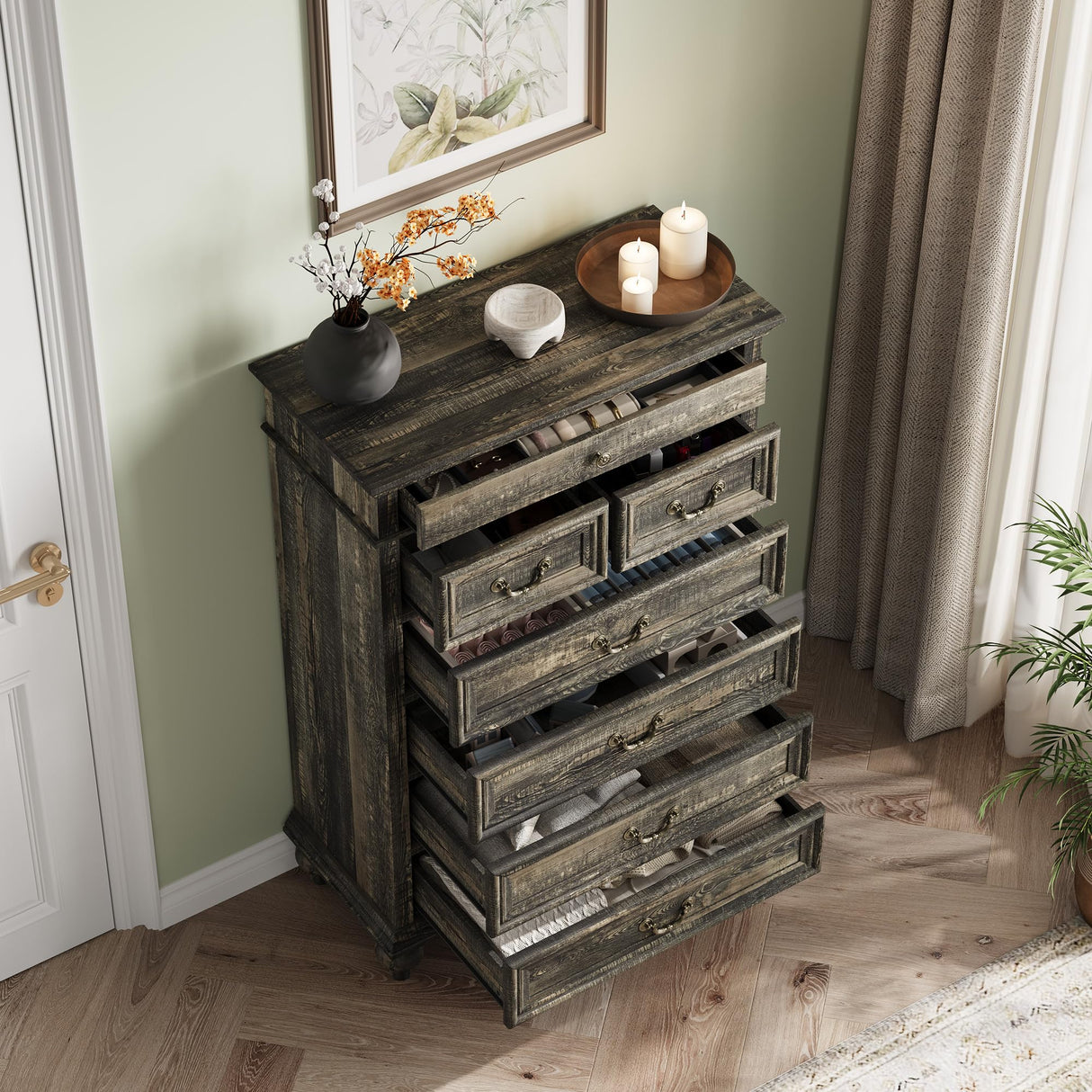 IDEALHOUSE Farmhouse Tall Dresser for Bedroom with 7 Drawers, 50" Tall Large Wood Chest of Drawers with Jewelry Storage for Bedroom, Living Room, Hallway, Dark Oak IDEALHOUSE