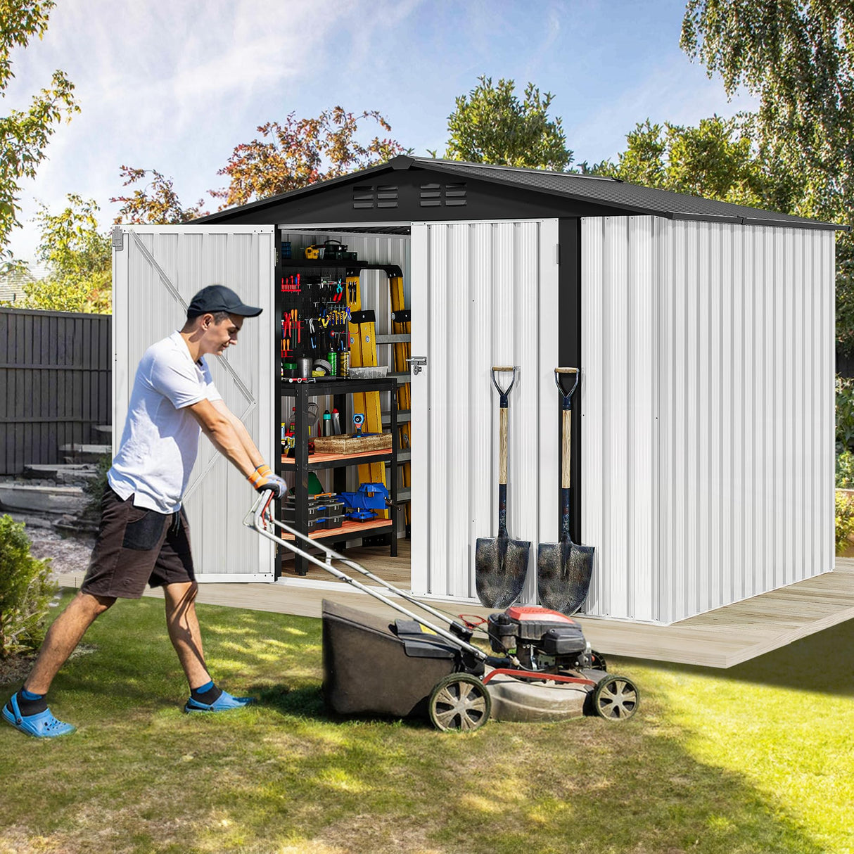 DWVO 8'x6' Large Metal Outdoor Storage Shed, Heavy Duty Tool Storage Sheds for Backyard Patio Lawn - Ideal for Bicycles, Garden Tools, and Lawn Equipment, Easy-to-Assemble, White DWVO