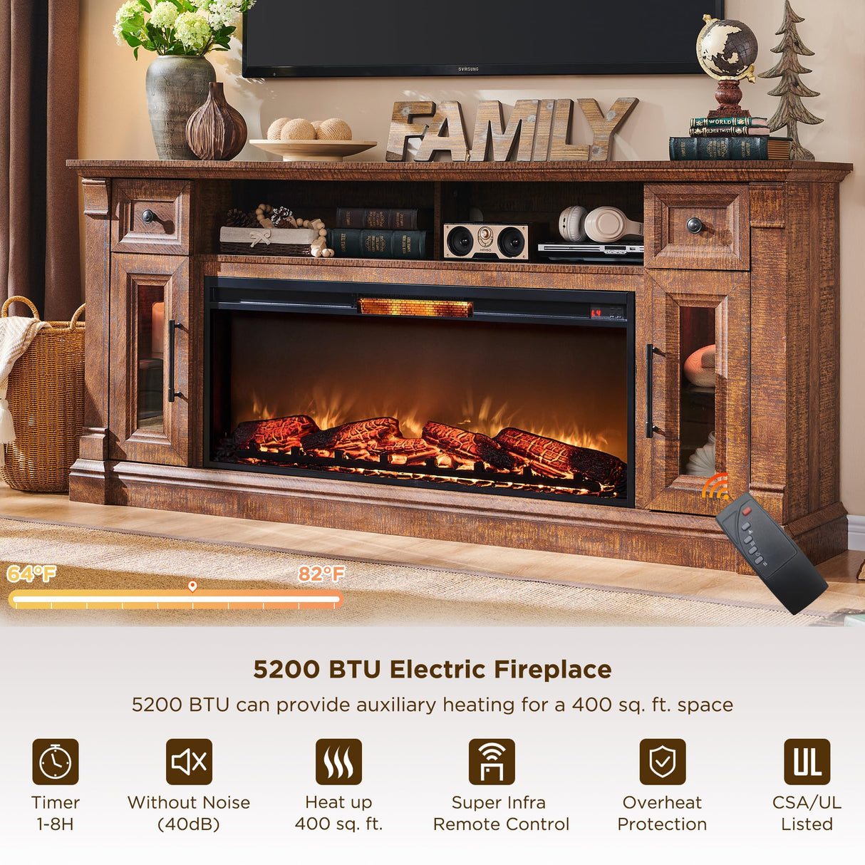 OKD Farmhouse Fireplace TV Stand for 80 Inch TV, Entertainment Center with 42" Fireplace & LED Lights, Modern Media Console Table with Storage Drawers & Cabinets, Reclaimed Barnwood Color OKD