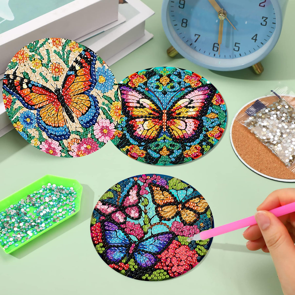 Mrnsiet 8 Pcs Butterfly Diamond Painting Coasters Kits with Holder, DIY Butterfly Diamond Art Coaster Non Slip Coaster for Tabletop Protection 4x4 Inch Mrnsiet