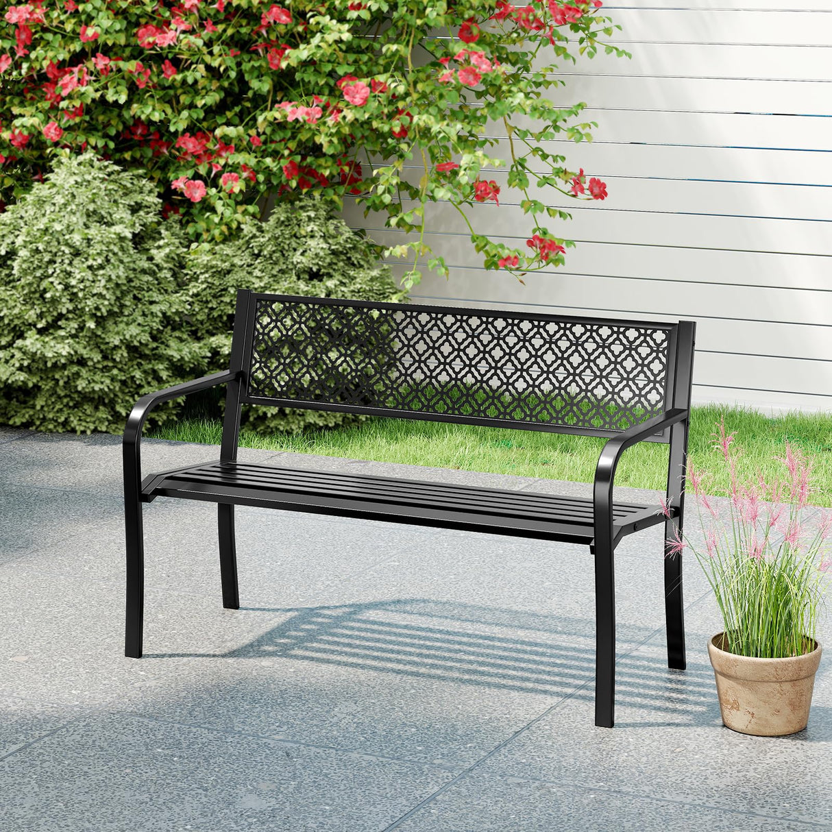 Tangkula 50 Inches Outdoor Garden Bench, Metal Patio Park Bench with Geometric Lattice Backrest, Armrests and Slatted Seat, Outdoor Loveseat Chair for Porch, Lawn and Yard (Black) Tangkula