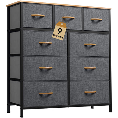 DWVO Dresser with 9 Drawers, Fabric Storage Dresser, Chest of Drawers, Storage Tower Organizer Unit for Living Room, Closets(Dark Grey)