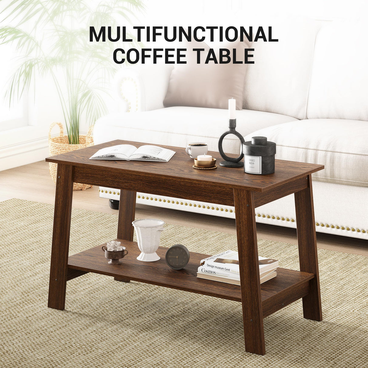 GarveeHome 2-Tie Coffee Table, Rustic Wood Living Room Tables with Open Rectangular Storage Compartment, Coffee Tables for Living Room, Outdoors, Home Office, Bedroom, Walnut GarveeHome