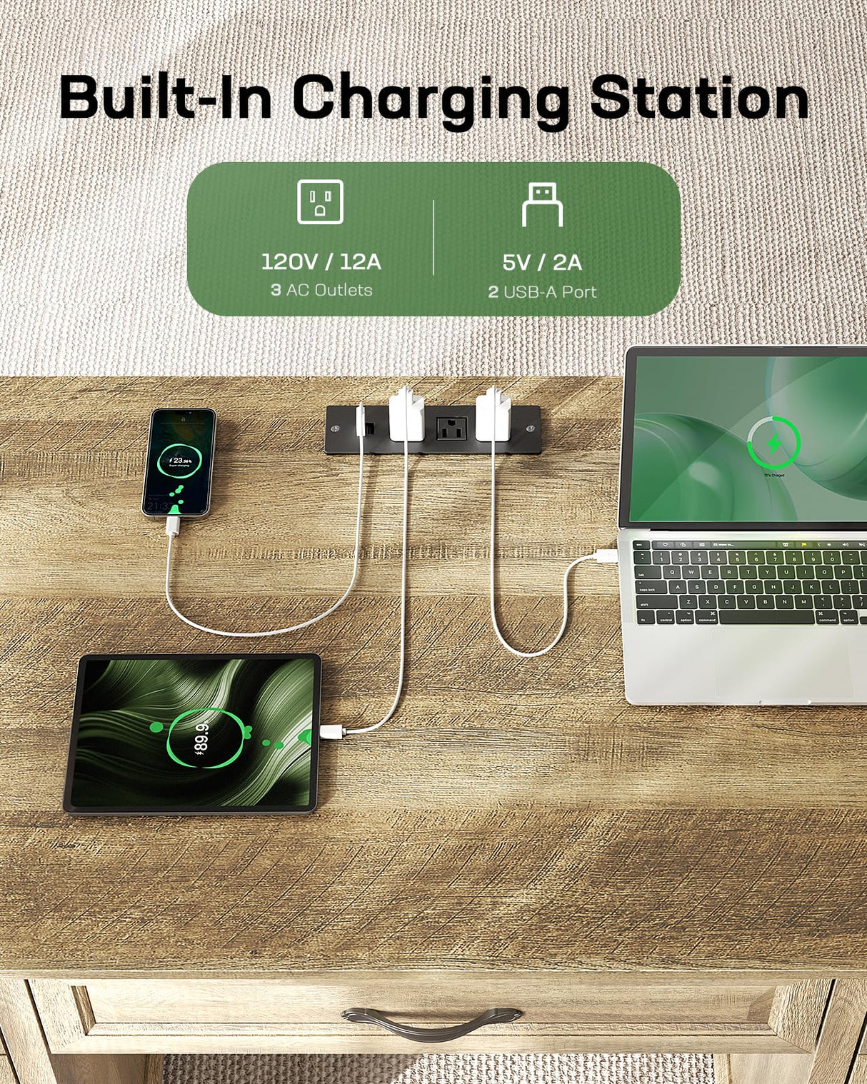 Marsail 60″ Farmhouse Executive Desk, Home Office Desk with Storage Cabinet, Charging Station, Adjustable Shelf, and File Drawer, Rustic Computer Writing Desk for Work & Study, Natural Marsail