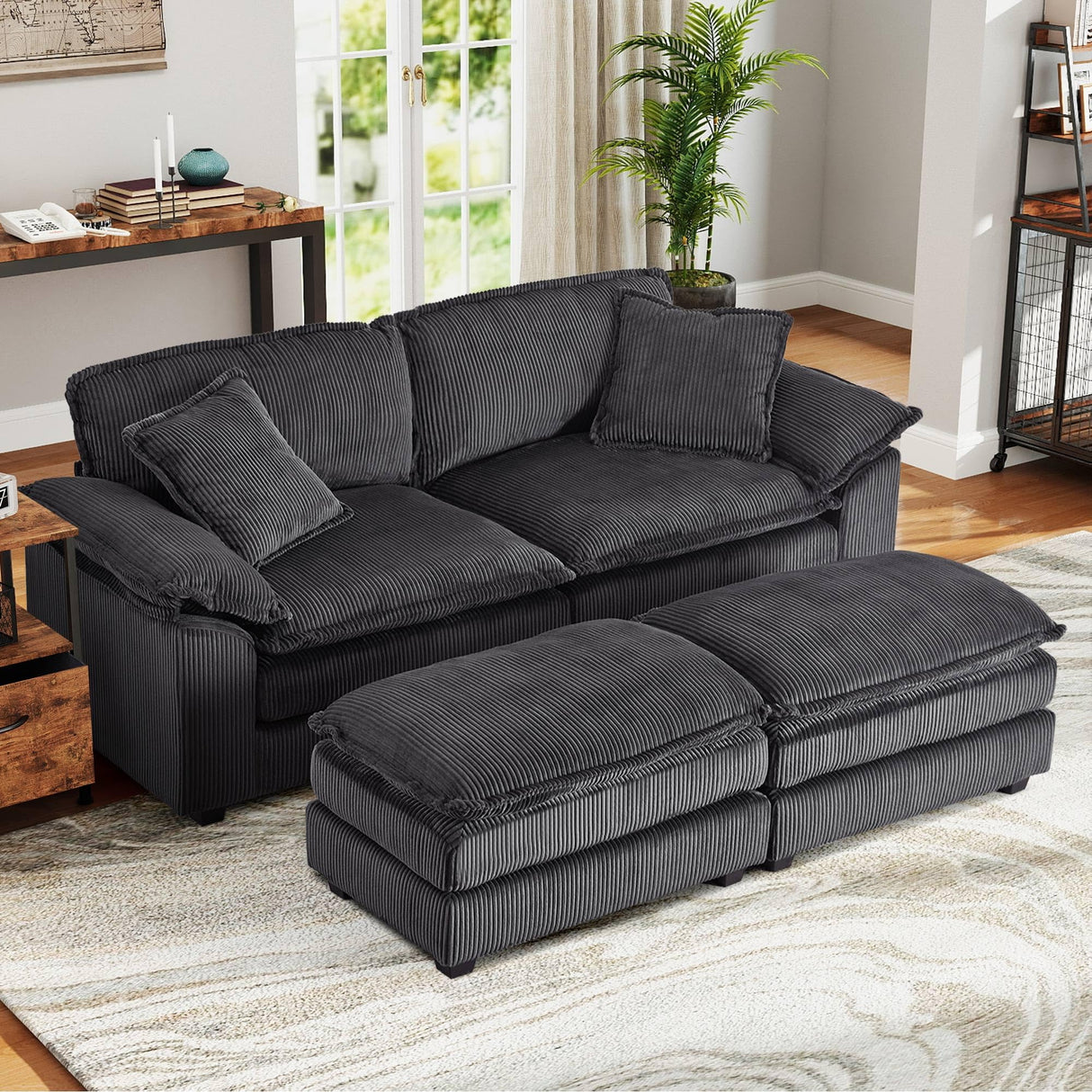 84.6'' Modular Sectional Sofa for Living Room, Comfy Corduroy Double Layer Upholstered Loveseat Sofa, Sleeper Sofa Cloud Couch with Moveable Ottoman, 2 Pillows and Detachable Armrest, Grey SLEERWAY
