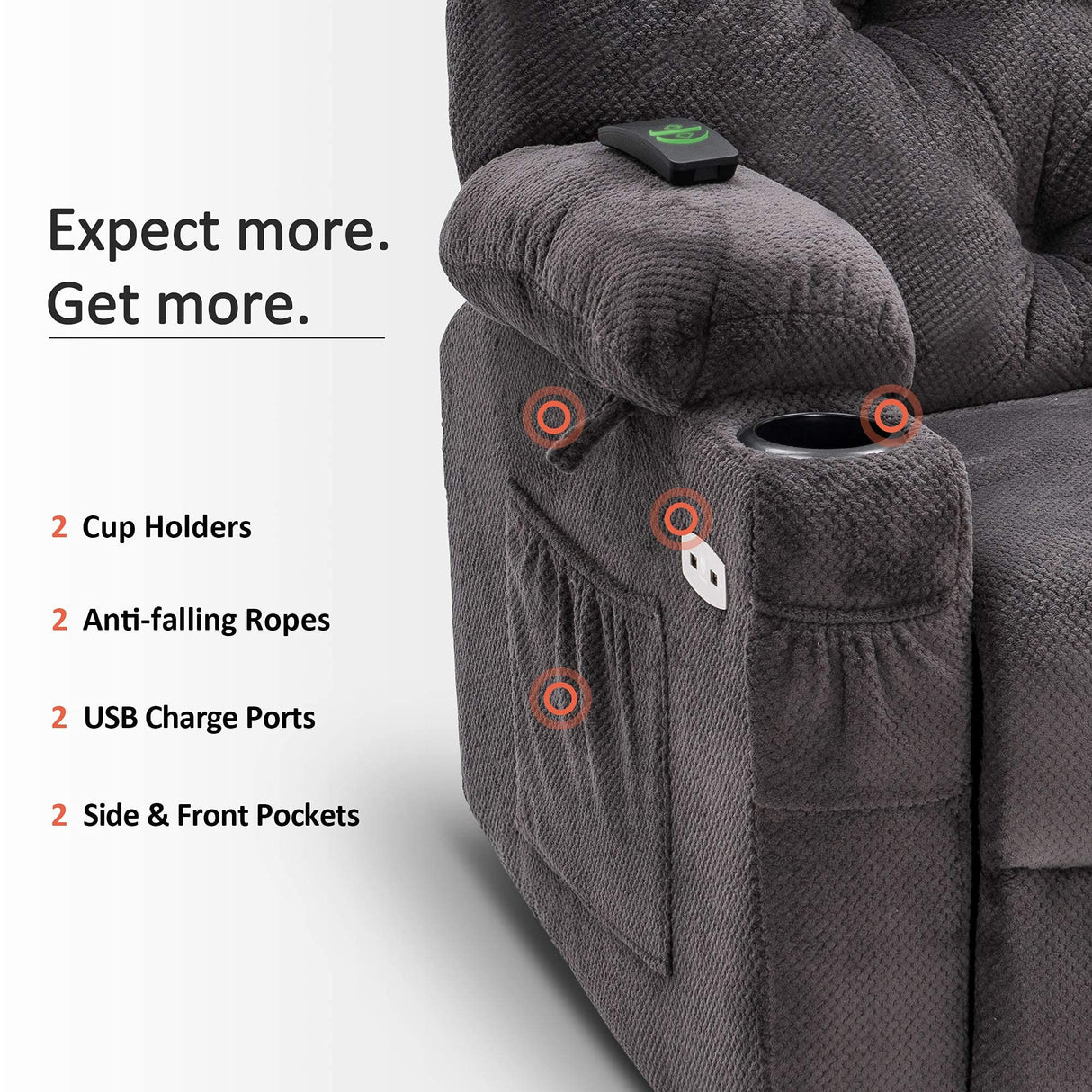 MCombo Electric Power Swivel Glider Rocker Recliner Chair with Cup Holders for Nursery, Hand Remote Control, USB Ports, 2 Side & Front Pockets, Plush Fabric 7797 (Grey) MCombo