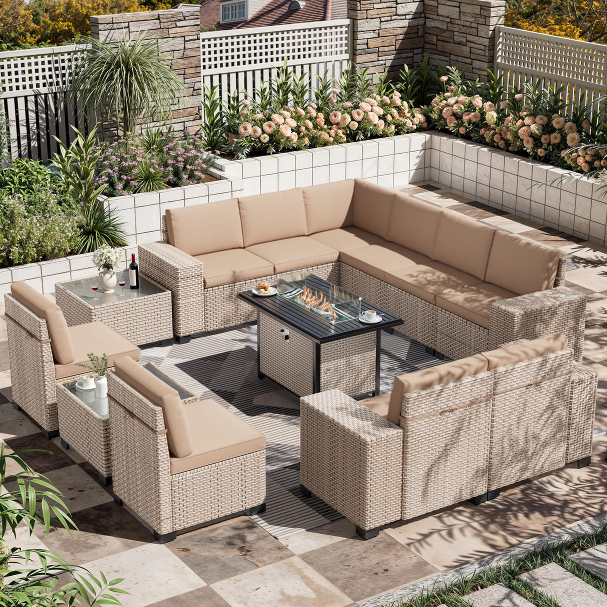 Aukreolis 13 Pieces Patio Furniture Set with Fire Pit Table, Outdoor Sectional Wicker Sofa with Thickened Cushions and Coffee Table, High Back Rattan Patio Conversation Sets, Khaki Aukreolis