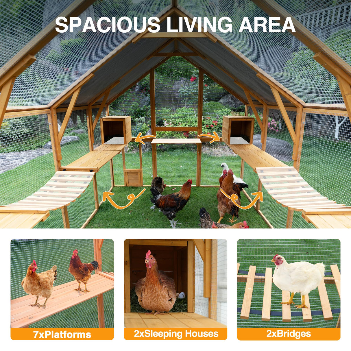 Large Wooden Chicken Coop Run with Waterproof Cover - Heavy-Duty Predator-Proof Poultry House for 10-12 Chickens, Ducks, Rabbits | 110" L x 75.2" W x 72.54" H Playpen | Easy Assembly 110-Inch Sun koery