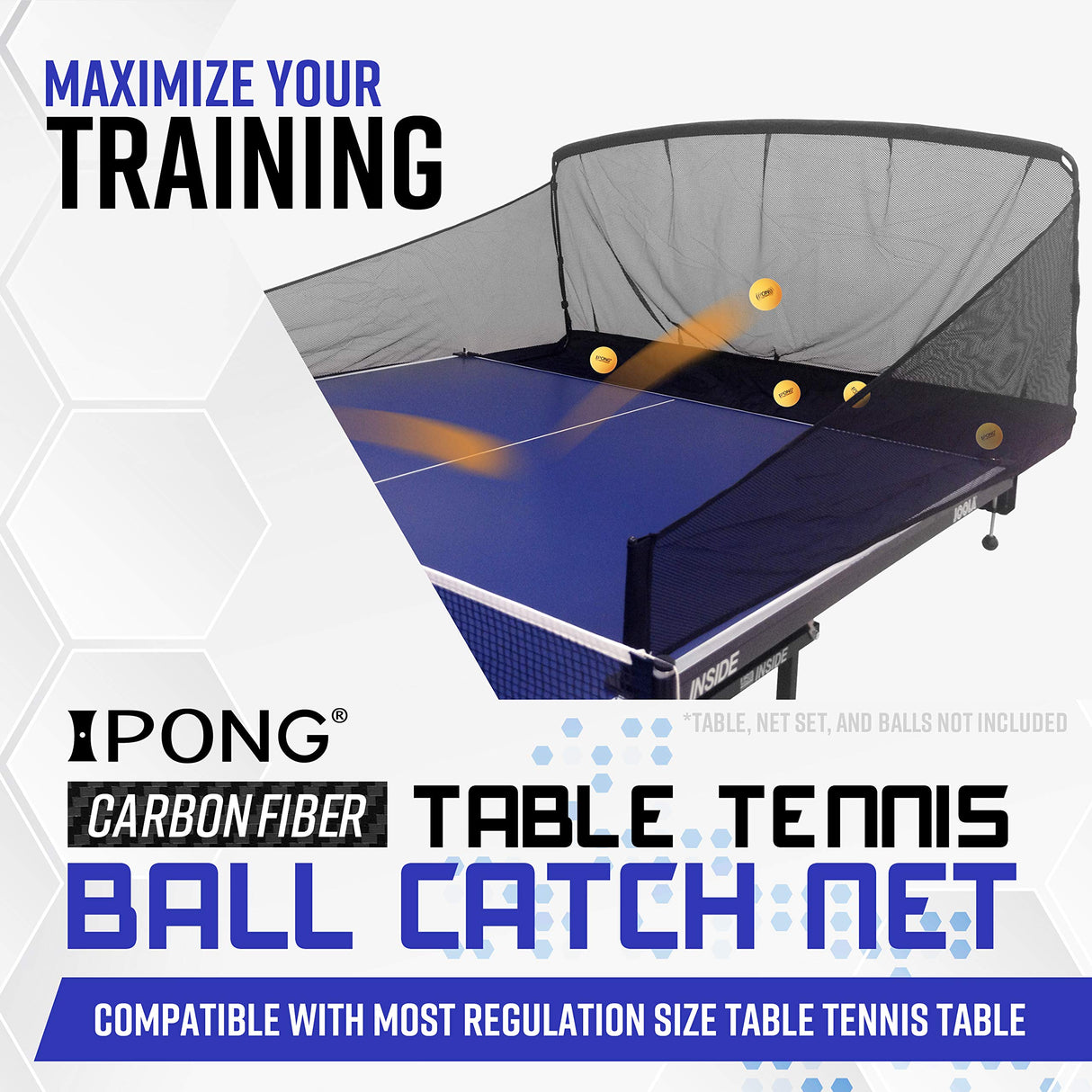 iPong Carbon Fiber Table Tennis Ball Catch Net - Practice Net Attaches to Ping Pong Table for Ball Collection During Table Tennis Robot, Serve or Multi-Ball Training iPong