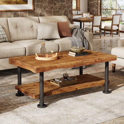 TRIBEWOOD Farmhouse Coffee Table, Wood Coffee Table with Storage, 2-Tier Live Edge Shelf, Metal Legs, 47" Rectangle Center Table for Living Room, Lounge, Brown and Black
