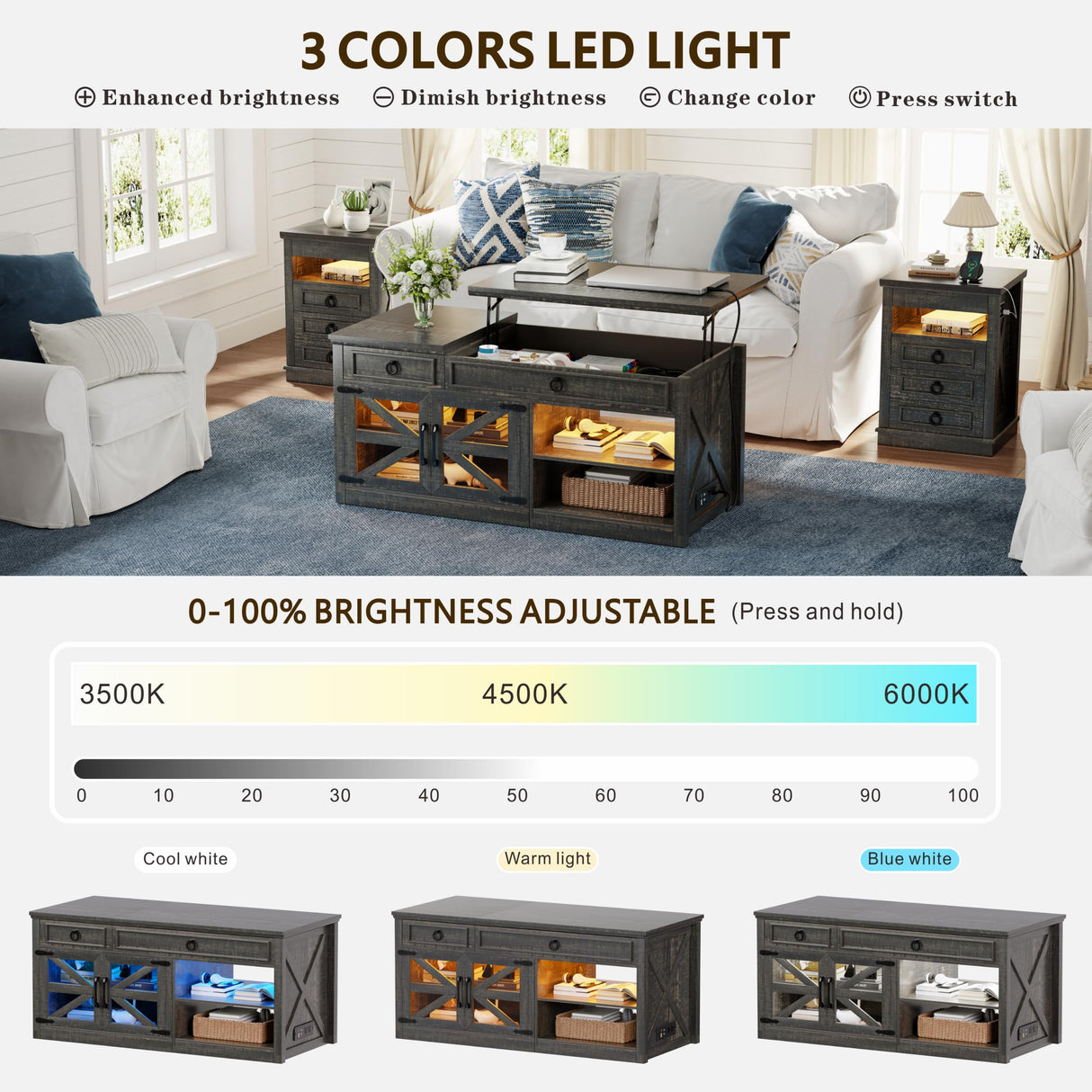 Lvifur 48" W Farmhouse Lift Top Coffee Table with LED Lights & Charging Station, Living Room Center Table with 2 Hidden Storage Compartments, Lifting Tabletop and Adjustable Shelf (Dark Rustic Oak) Lvifur