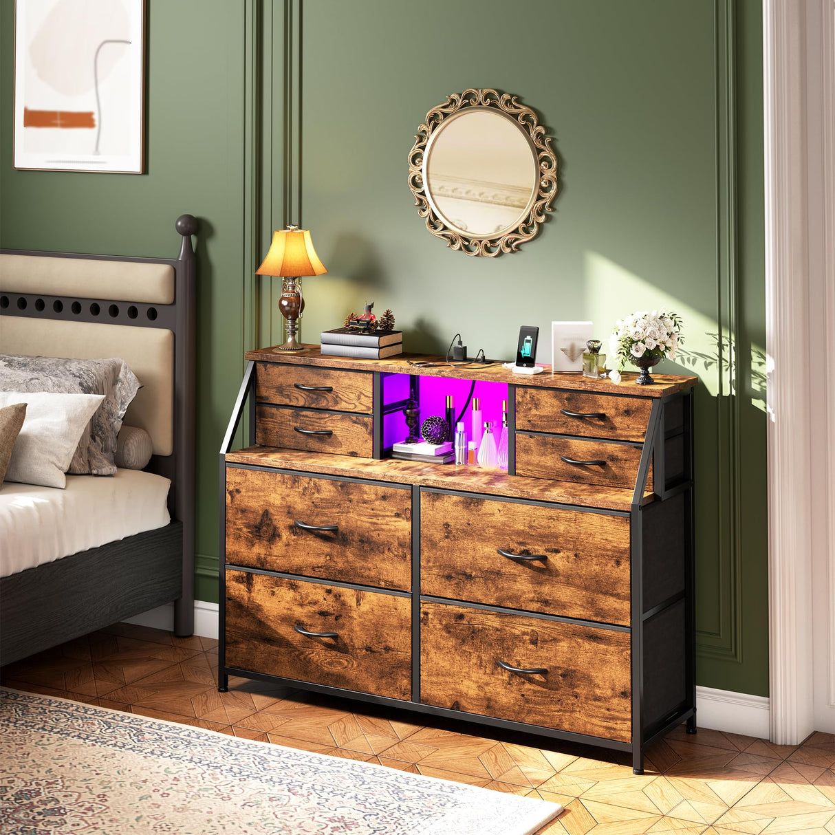 Romorgniz Dresser for Bedroom with Charging Station and LED, Sturdy Chest of Drawers with 8 Drawers and Two Open Shelves for Storage,Bedroom, Living Room,Hallway (Rustic Brown) Romorgniz
