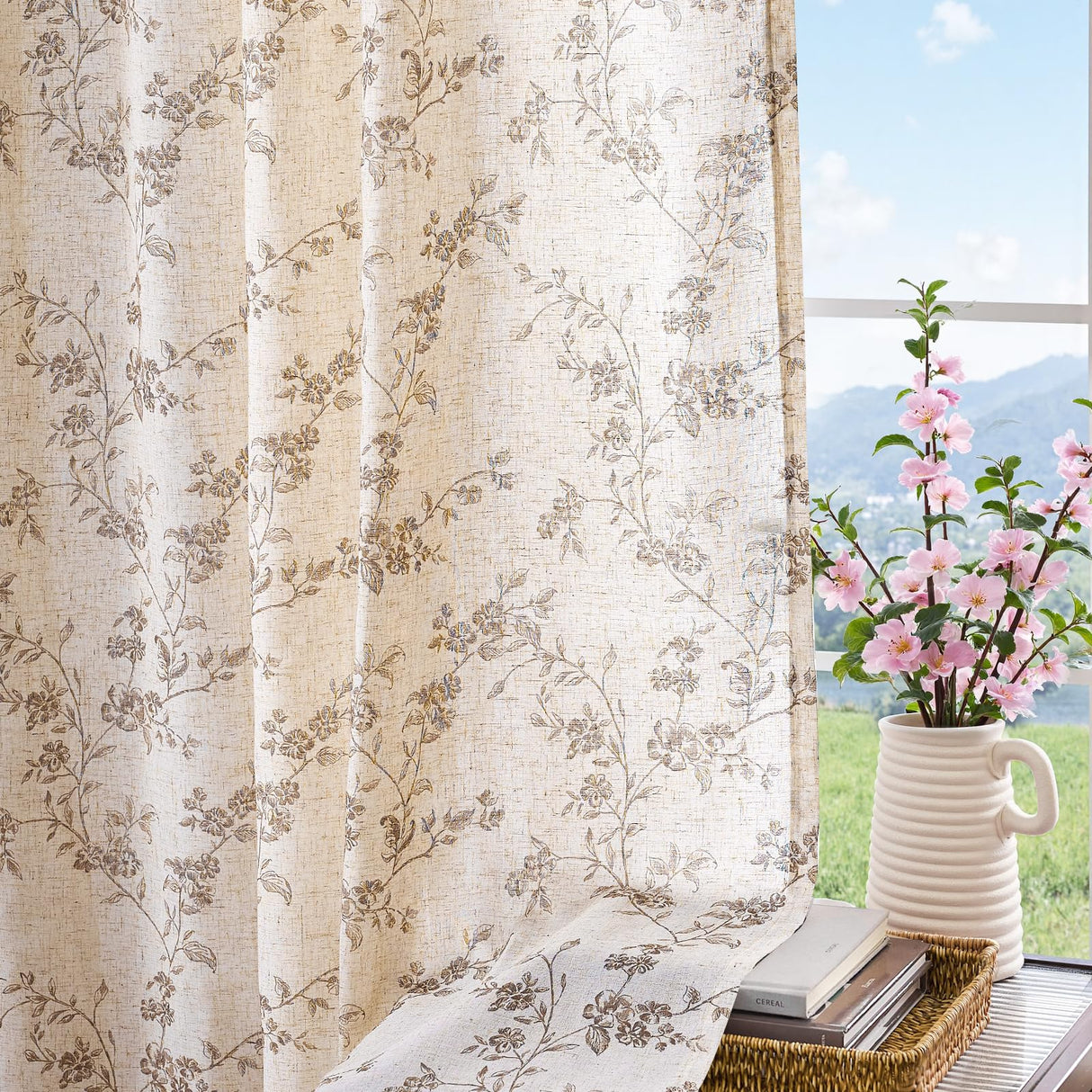 jinchan Linen Floral Curtains 84 Inch Farmhouse Country Flower Drapes Rustic Window Curtains Light Filtering for Living Room Bedroom Laundry Back Tab 2 Panels Taupe on Beige jinchan
