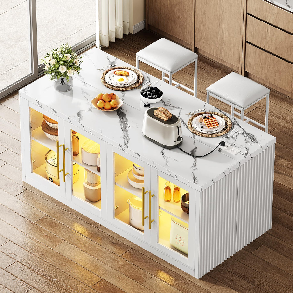 Homiflex Kitchen Island with Storage, 57" W Large Island Table with Seating/LED Light for Dining Room, Kitchen Carts on Wheels Breakfast Bar Table w/Power Outlet, White Homiflex