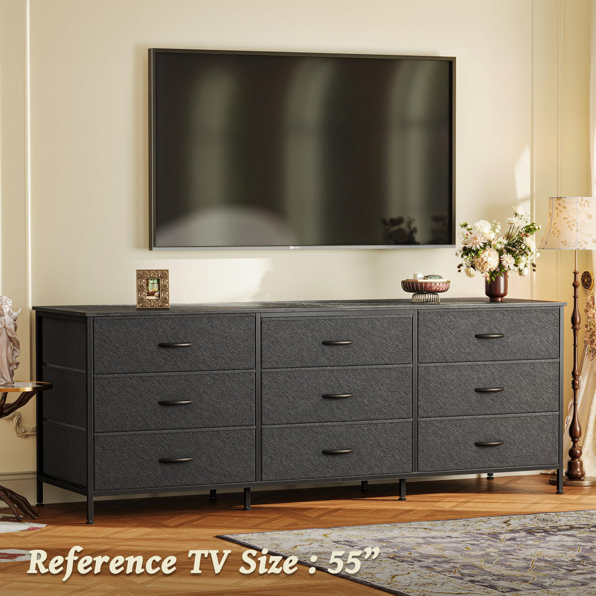 Huuger 63 Inch Dresser for Bedroom, Dresser for Closet with 9 Drawers, Large TV Stand for 55, 65, 70 Inch TV, Entertainment Center with Storage, Wide Long Chest of Drawers, Black Huuger