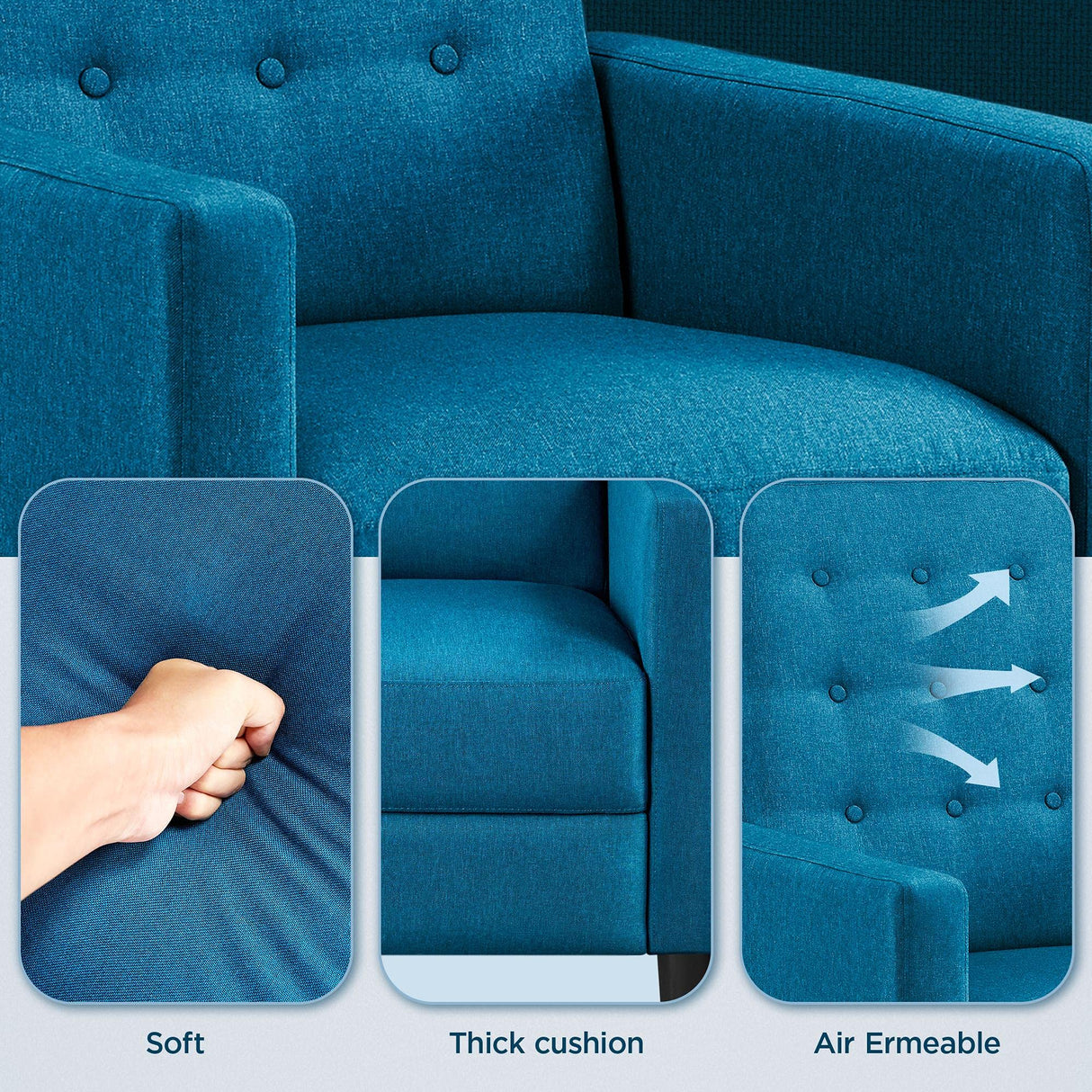 Topeakmart Mid-Century Modern Fabric Recliner Modern Tufted Reclining Single Sofa for Living Room Padded Cushion Home Theater Seat Blue Topeakmart