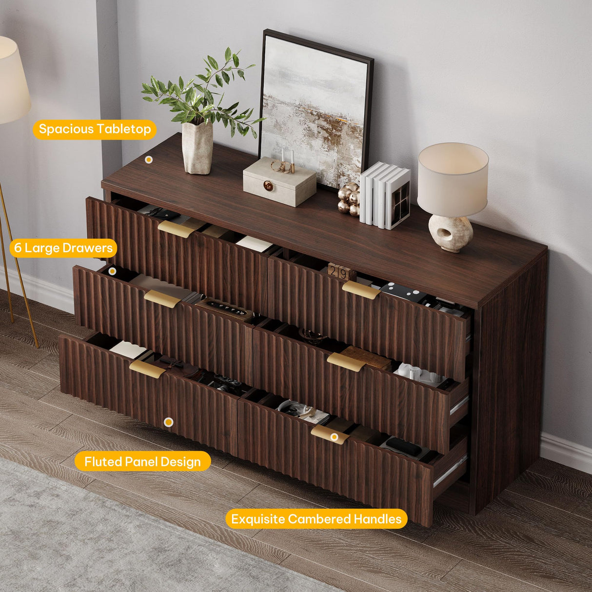 DWVO 6 Drawer Dressers, High Gloss White Dressers Drawers with Fluted Panel, Wide Versatile TV Stand Cabinet Table for Kitchen and Office, Walnut DWVO