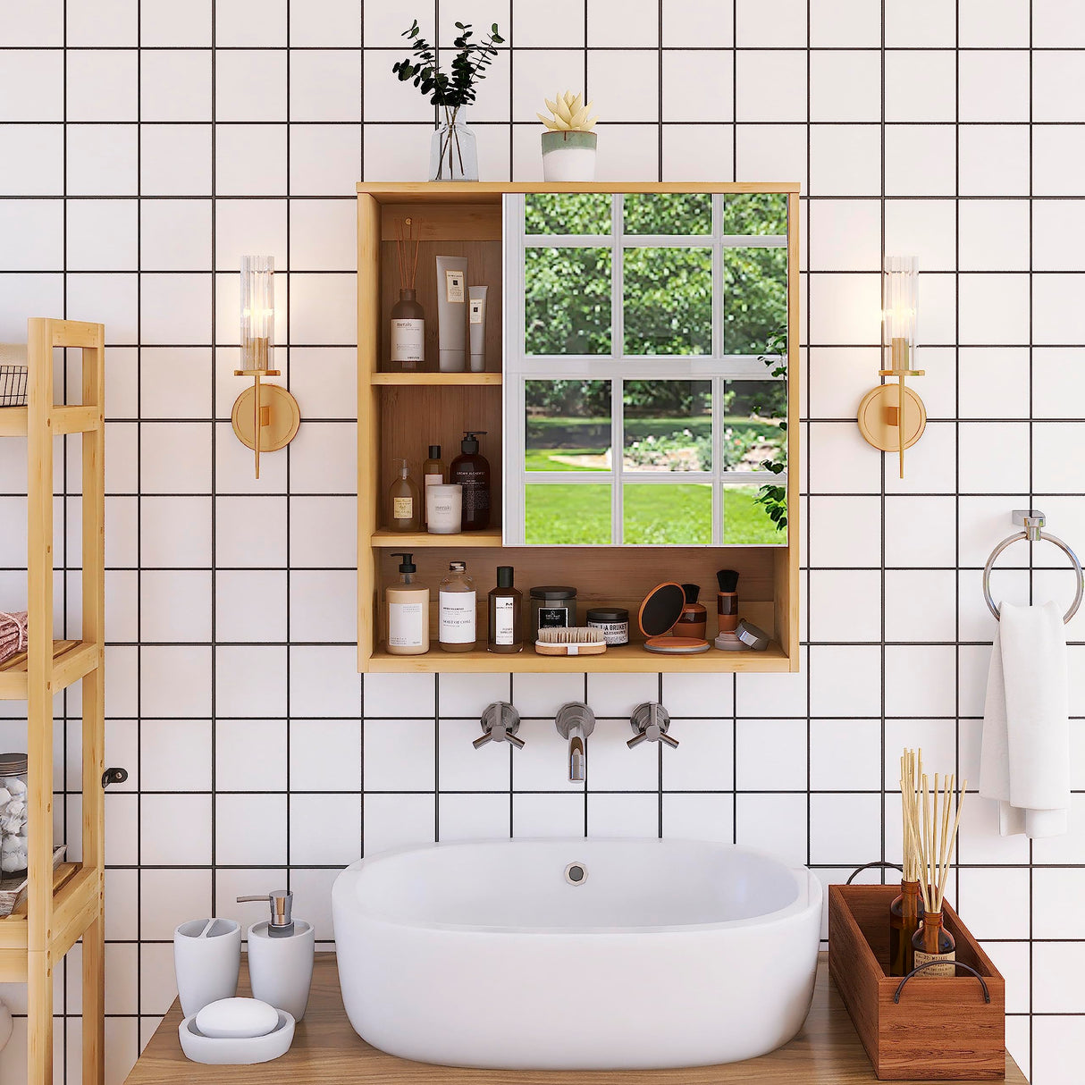 SMIBUY Bathroom Mirror Cabinet Wall Mounted, Bamboo Space Saver Medicine Cabinet, Wall Hanging Over Toilet Storage Cabinet with Mirror Door and Adjustable Shelf (Natural) SMIBUY