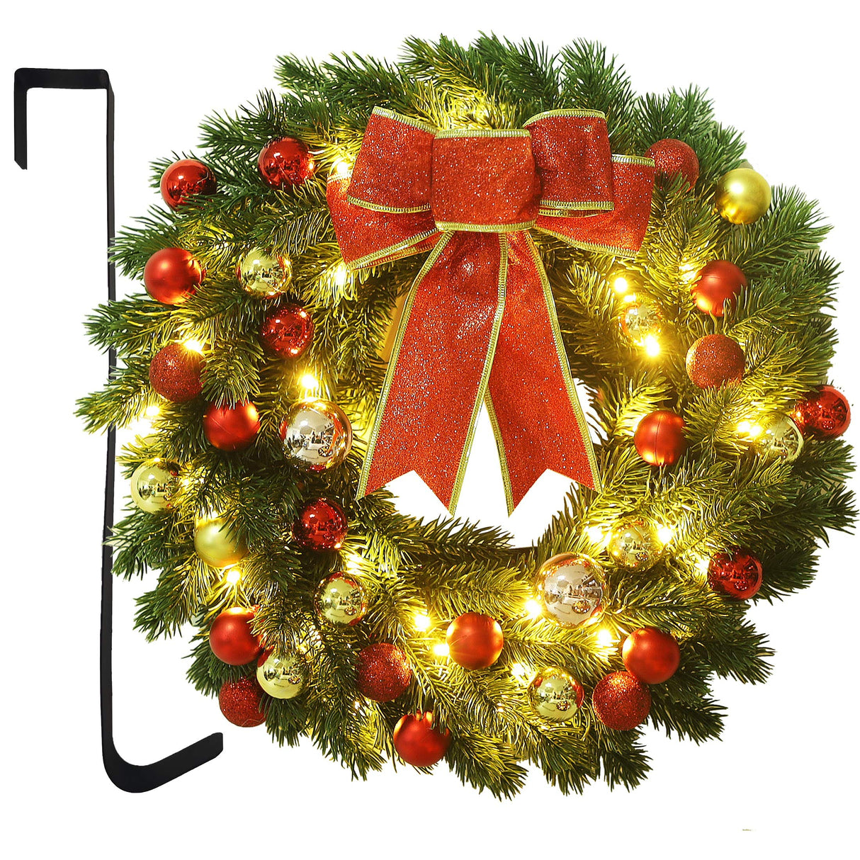 Lulu Home 16 Inch Pre-lit Christmas Wreath with Hook, Battery Operated Christmas Wreath Decorative Christmas Balls Hanging Ornament, Artificial Door Wreath 40 Clear LED Lights Lulu Home