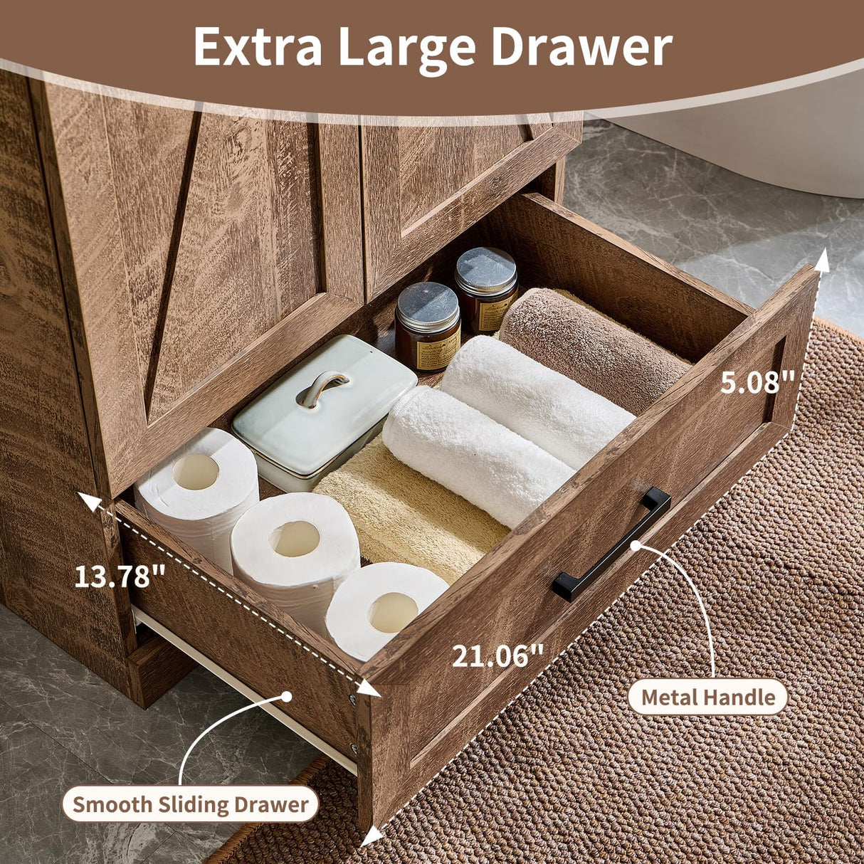 24" Farmhouse Bathroom Vanity with Sink, Bathroom Vanity Sink Cabinet with Large Storage Drawer, Modern Floor Standing Bathroom Vanity with Barn Door, Soft Closing & Metal Handle, Light Brown Aitjunz