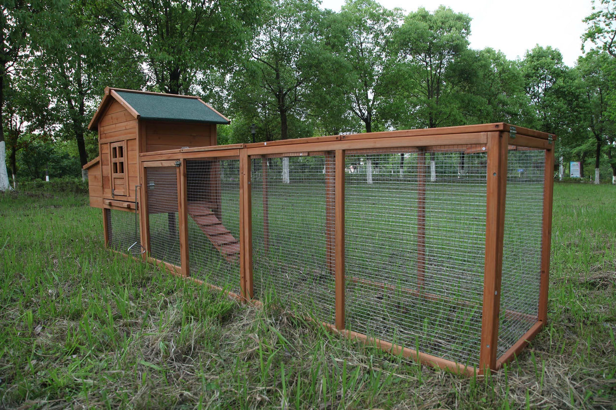 Outdoor Chicken Coop Wooden Hen House Poultry Pet Hutch Run Cage w/Waterproof Asphalt Roof, Ramp, Nesting Box, Wire Fence (120") GOJOOASIS
