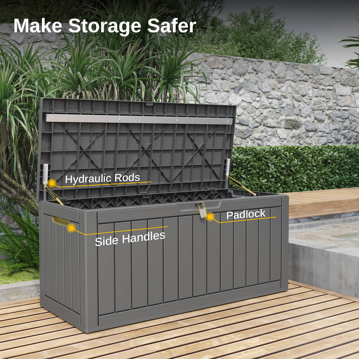 EAST OAK Outdoor Storage Box, 90 Gallon Deck Box, Waterproof Resin Storage Bin for Patio Cushions, Gardening Tools, Outdoor Toys, Lockable, UV Resistant, Grey EAST OAK