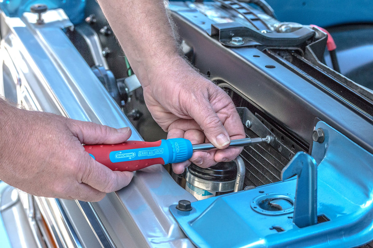 Channellock 131CB 13-in-1 Ratcheting Screwdriver | Multi-Bit Storage | 1/4-Inch Nut Driver | Quick-Load Handle with Cushion Grip | 28-Tooth Ratchet Mechanism Provides up to 225 lbs. of Torque , Red Channellock