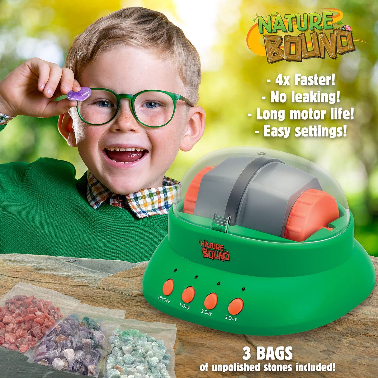 Nature Bound Starter Rock Tumbler Kit for Kids– Includes Rough Gemstones, Polishing Grits, Jewelry Fastenings, and Instructions – Great STEM Science Kit for The Future Geologist, Boys & Girls Ages 8+ Nature Bound