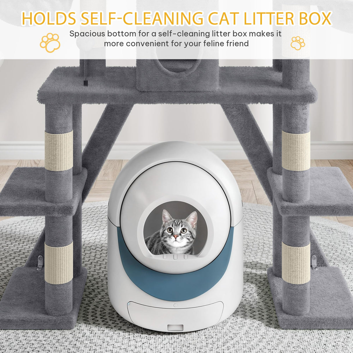 Meowloday 74" Cat Tree for Self-Cleaning Litter Box, Tall Cat Tree Tower with Scratching Posts Condos Hammocks Dangling Balls, Kittens Tower Furniture for Large Automatic Litter Box, Grey Meowloday