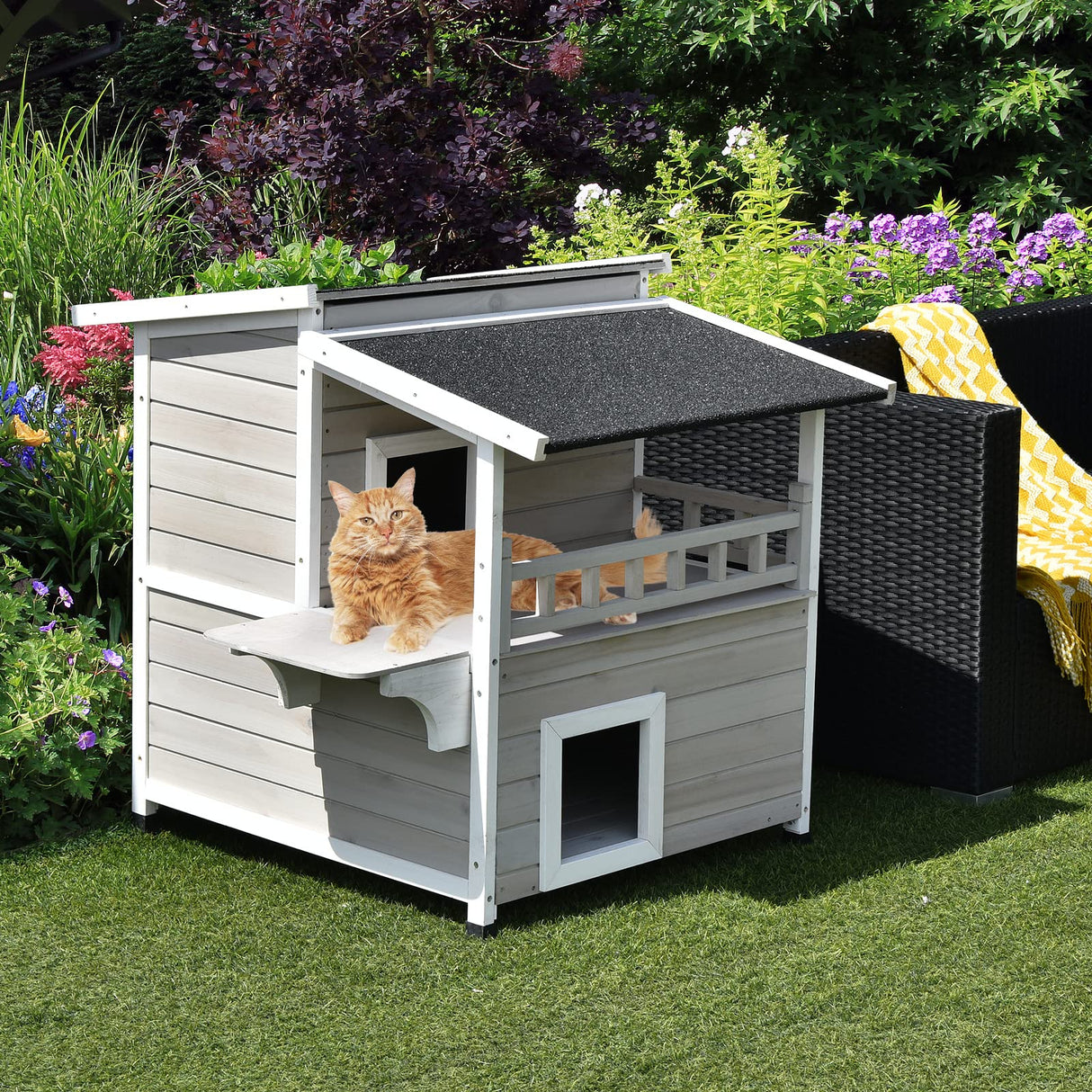 Tangkula Outdoor Cat House Wooden, 2-Story Outside Cat Shelter Condo Enclosure with Escape Door, Asphalt Roof, Balcony, Jumping Platform, Weatherproof Tangkula