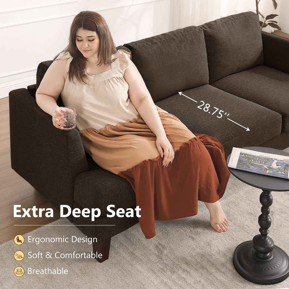 Busaurus 3 Seater Sofa Couch with Deep Seats, 89" Mid Century Modern Upholstered Sofa with Armrests, Comfy Couches for Living Room, Bedroom, Apartment and Office (Brown) Busaurus