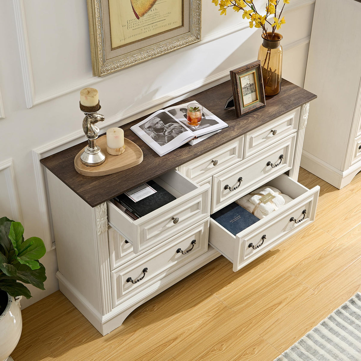 BOSHIRO 7 Drawers Dresser, Farmhouse Dressers for Bedroom, 54" Wide Wood Rustic Chest of Drawers with Carved Pilasters, Storage Organizer, Living Room, Hallway, Antique White BOSHIRO
