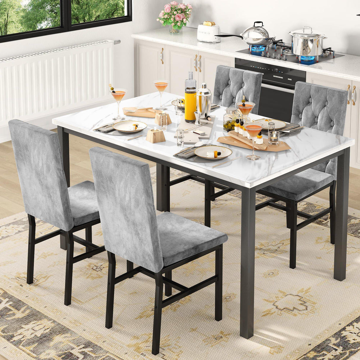 Hooseng Dining Table Set for 4, Faux Marble Small Kitchen Table Chairs Set of 4 with Luxurious Button Tufted Dinner Chairs for Kitchen and Dining Hooseng
