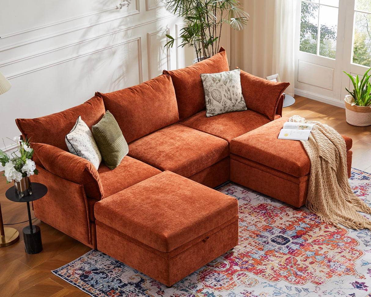 ABCASA Luxury Modular Sectional Sofa w/Storage Otoman, 99" U Shaped Modular Couch with Reversible Chaise, 5 Seater Sofa for Living Room, Apartment, Compact Spaces - Chenille Terracotta ABCASA