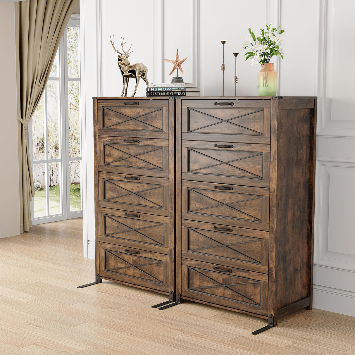 Maupvit 5 Drawers Dresser for Bedroom,Farmhouse Tall Wooden Dresser & Chests of Drawers,Large Storage Organizer for Closet, Hallway, Entryway,Living Room (Brown) Maupvit