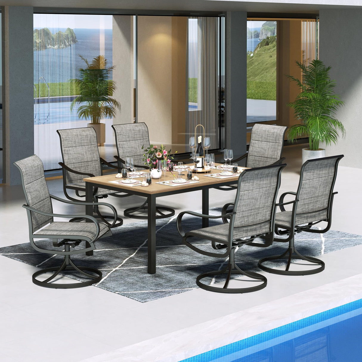 MFSTUDIO 7 Pieces Patio Dining Sets,Outdoor Furniture Set Including 1x 64 Rectangle Wood-like Table Table and 6 Padded Sling Swivel Chairs Metal Dining Set for Backyard,Garden,Deck MFSTUDIO