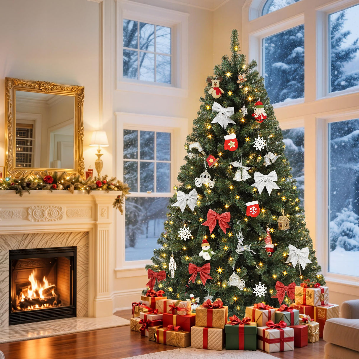 GOOBED Prelit Green Christmas Tree 7.5FT with Remote Control, Pre-Lit Green Artificial Hinged Spruce Christmas Tree with 1450 Tips, 550 LED Lights and 11 Light-Modes for Home, Party Decoration GOOBED