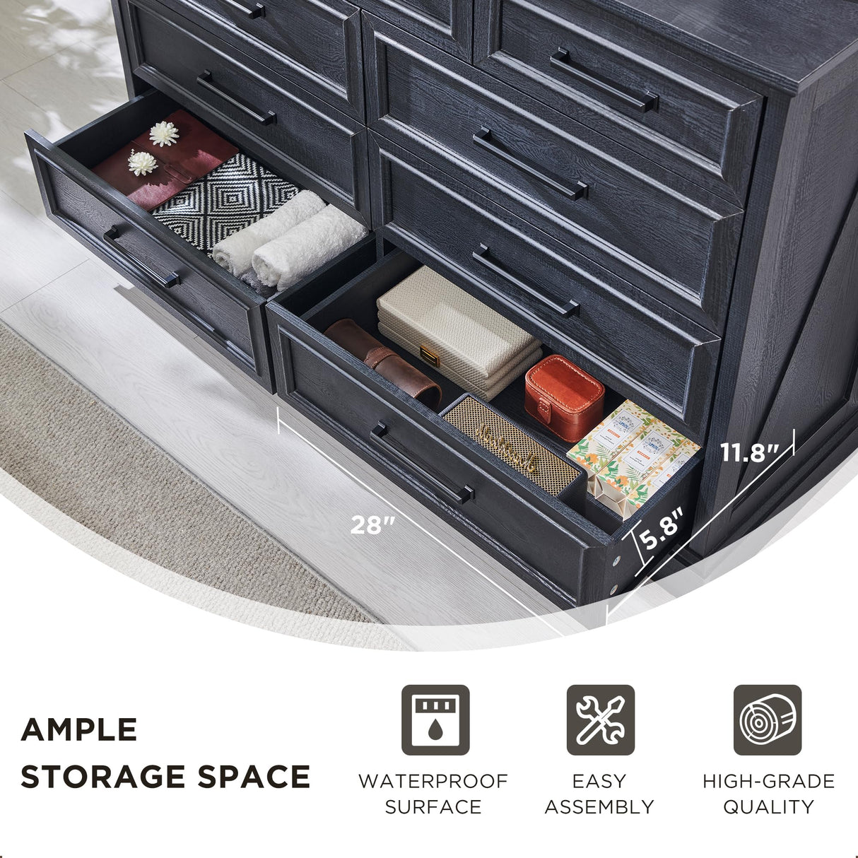 ACCOHOHO Farmhouse 6 Drawer Dresser for Bedroom, 52 Inch Wide Modern Dresser TV Stand with Large Drawers & Bar Handles, Rustic Wood Chest of Drawers for Bedroom, Living Room, Hallway, Black ACCOHOHO