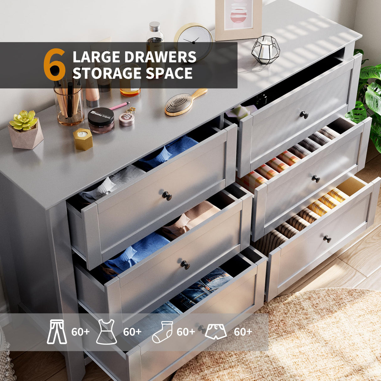 GAOMON 6 Drawers Dresser for Bedroom, 53.9" W Farmhouse Wood Dressers & Chest of Drawers for Clothes, Tall Storage Dressers Organizer with Deep Drawers for Living Room, Closet, Hallway, Grey GAOMON