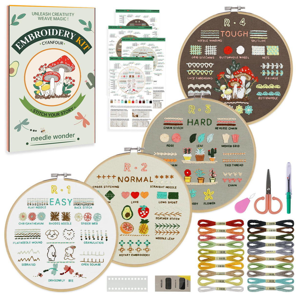CYANFOUR 4 Stage Beginners Embroidery Kit for Adults, Easy to Learn 38 Different Stitches from Instruction & Video, Needlepoint Kits for Adults with Stamped Embroidery Patterns CYANFOUR