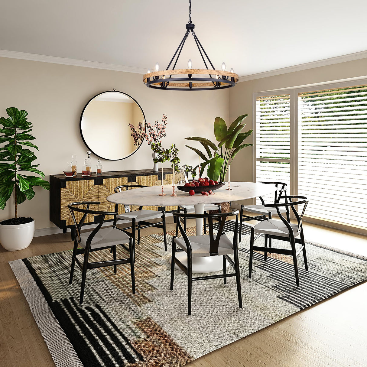 Wellmet Rustic Chandelier, Wood Painted Chandelier, 8-Light Farmhouse Wagon Wheel Chandelier for Living Room, Dining Room, Bedroom, Corridor, Hallway, Entryway Wellmet