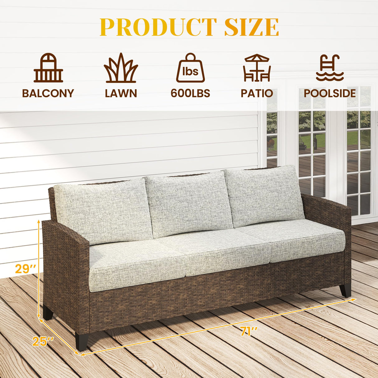 Aluminum Patio Sofa Outdoor Couch with Upgraded Cushions, All-Weather Outdoor 3 Seats Sofa Couch for Pool Garden Porch Backyard, Grey SUNVIVI OUTDOOR