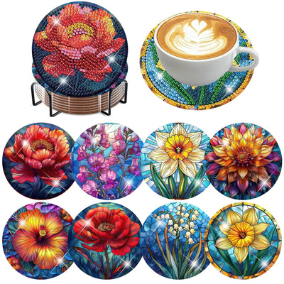 Zythron 8 PCS Diamond Art Coasters,Flowers Diamond Painting Coasters Kits Flower DIY with Holder DIY for Beginners, Adults, Diamond Art Kits for Adults Diamonds Art Crafts Supplies 4x4 in