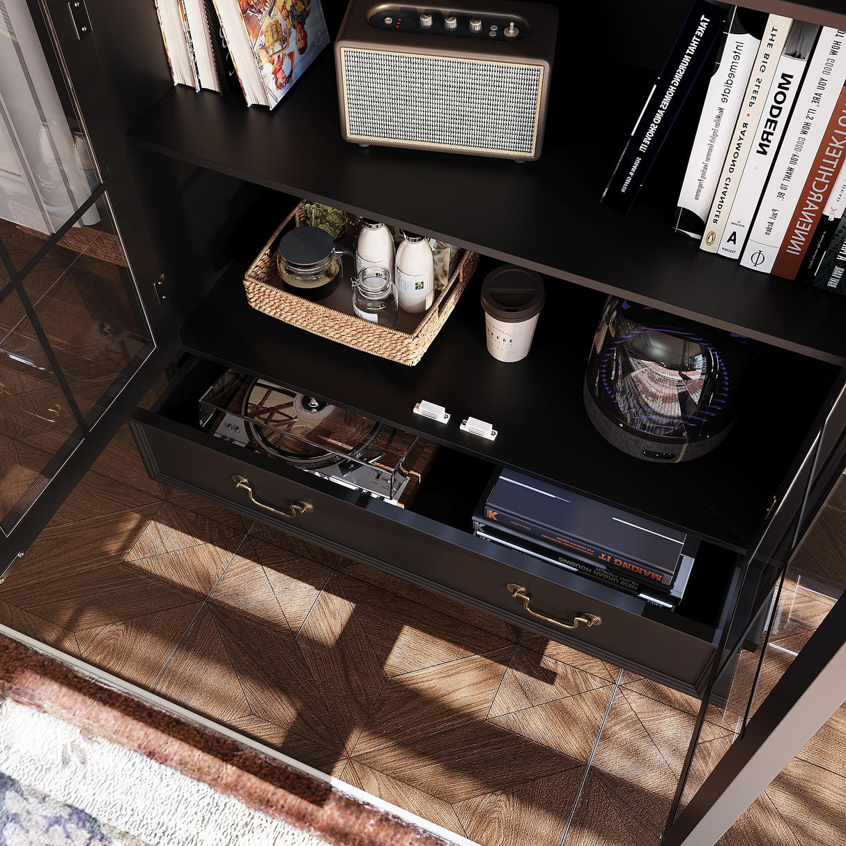 Hitow Curio Cabinet with Glass Doors, Arched Display Cabinet with Drawers & Solid Pine Legs, 34.6" W Arch Bookcase, 5-Tier Black Display Case for Collectibles, Living Room Hitow