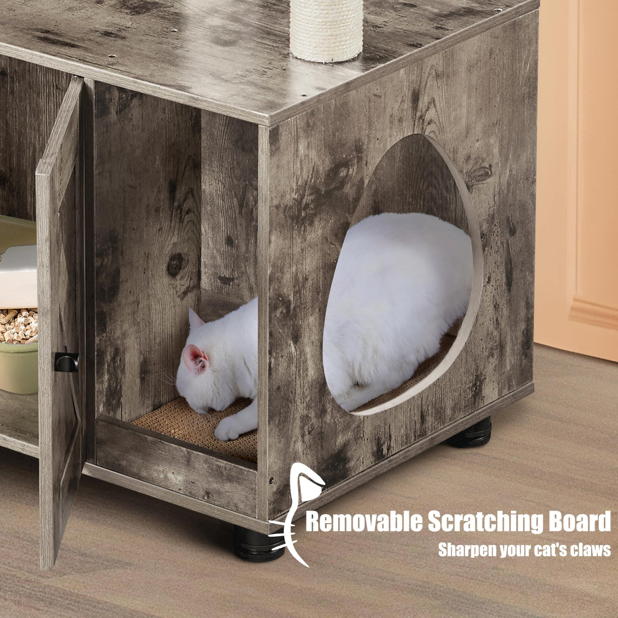 Yaheetech Litter Box Enclosure with Cat Tree, All-in-one Indoor Kitten House w/Scratching Posts, Wooden Cat Litter Box Furniture w/Kitty Condo, Platform, Greige/Beige Yaheetech