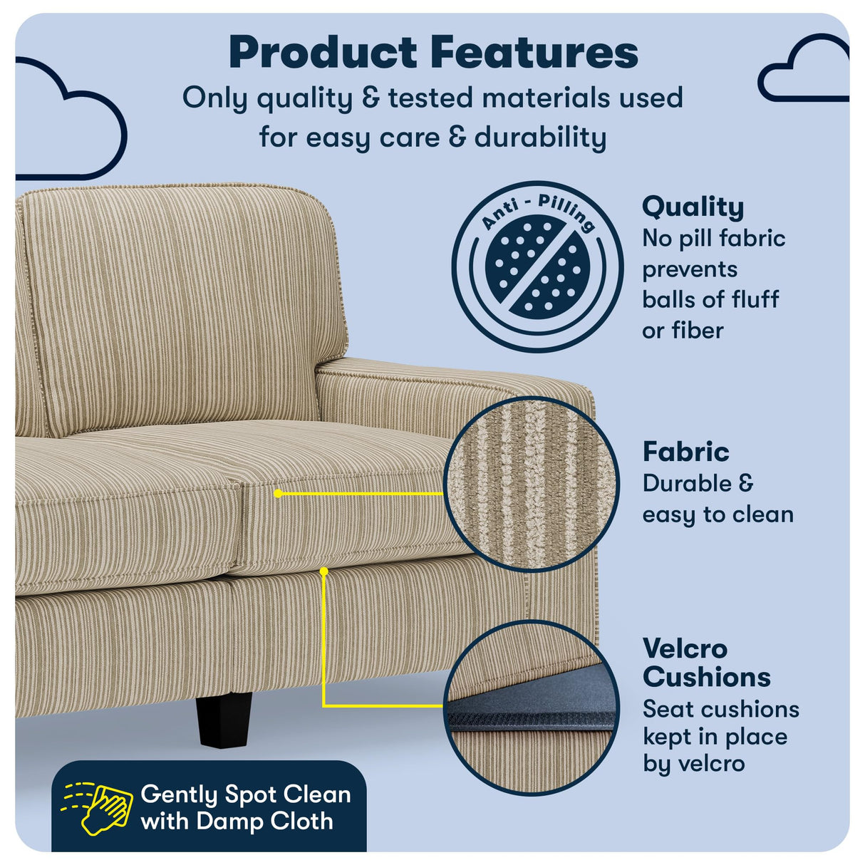 Serta Palisades 61" Track Arm Sofa, Easy Care Polyester, Soft Pillow Back, Pocket Coil Seat Cushions, Removable Covers, Loveseat or Couch for Small Spaces, Living Rooms or Bedrooms, Beige Serta